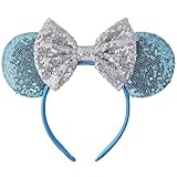 Seamoy Blue Mouse Ears Headband,Cinderella Mice Ears, Mouse ears Princess, Sparkle Rose Gold Classic Red Mouse Ears Headband with Bow for Women Girls (Cinderella Blue)