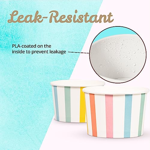 Image of Paper Ice Cream Cups, 100-Count 9-Oz Disposable Dessert, Snack Bowls for Hot or Cold Food, 9-Ounce Party Supplies Treat Cups for Sundae, Frozen Yogurt, Soup, Pastel Stripes
