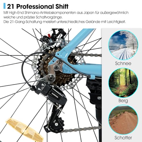 HILAND 26 Zoll Mountainbike für Frauen Männer Erwachsene, 21 Gang MTB mit Aluminiumrahmen, Doppelscheibenbremsen, Herren und Damen Mountainbike, Blau