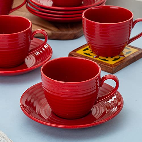 Image of Clay Craft Fine Ceramic Cup & Saucer Set of 12 (6 Cups+6 Saucers) - 180 ml Each (Red Ring)