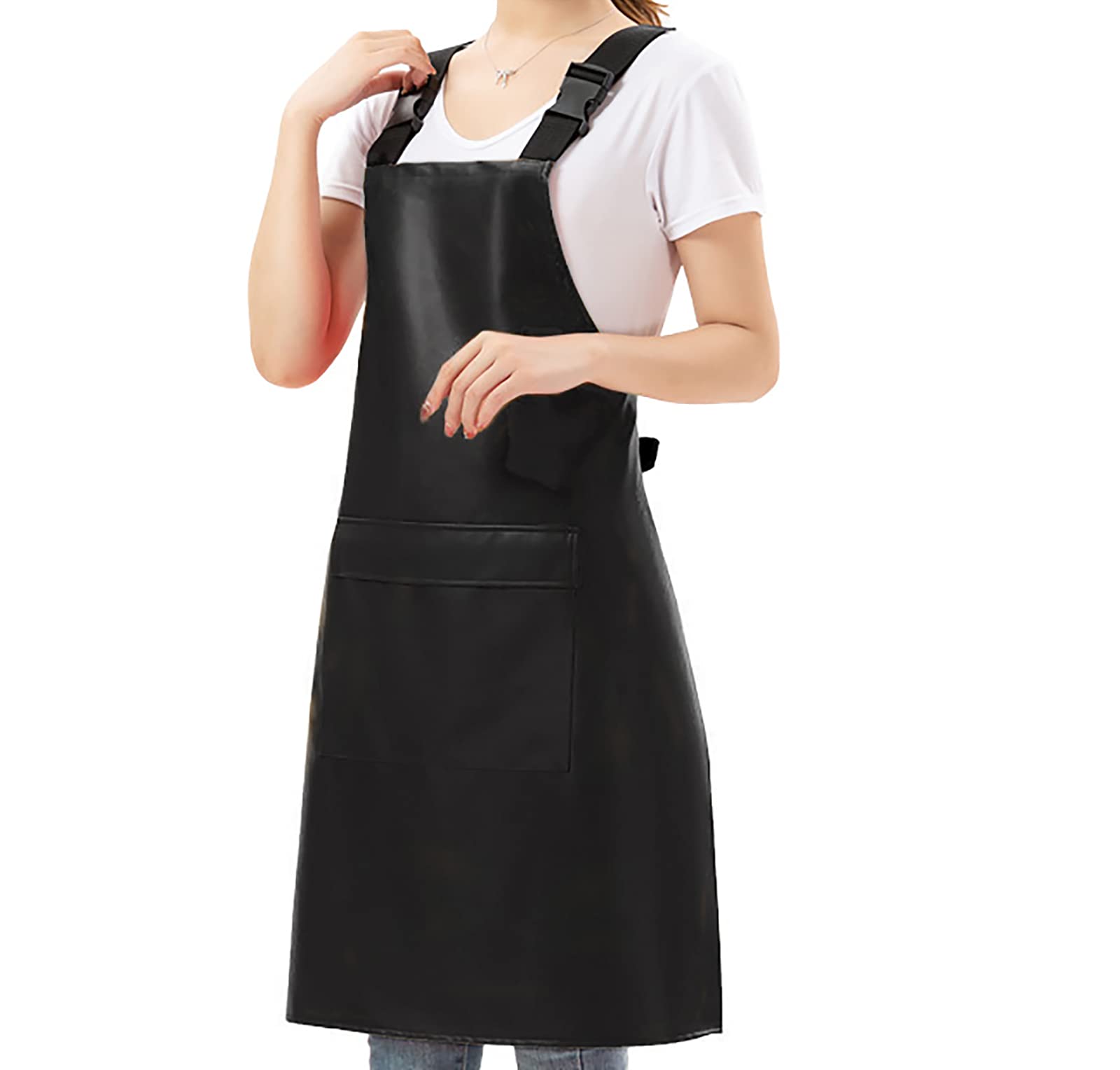 RUIFYRAY Black Vinyl Leather Apron with Pockets for Women, Waterproof for Kitchen, Cooking, Dishwashing, Dog Grooming