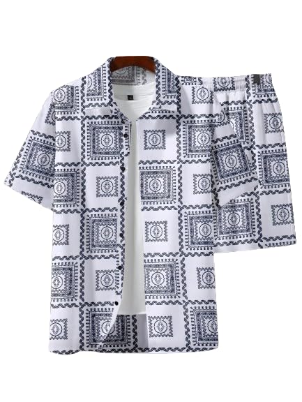 Men’s Printed Co-Ord Set | Plus Size Casual Shirt & Shorts Set | Nightwear Pajama Suit, Loungewear, Beachwear & Vacation Outfit Design No ME_NS Square White-picture-48