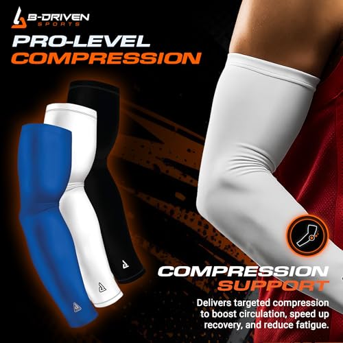 3 Compression Arm Sleeves for Women Men Youth Athletics - White Black Blue Sports Sleeve - Football Baseball Basketball Golf - UV Driving Sun Protection for Arms - Athletic Accessories - Thumbnail 2