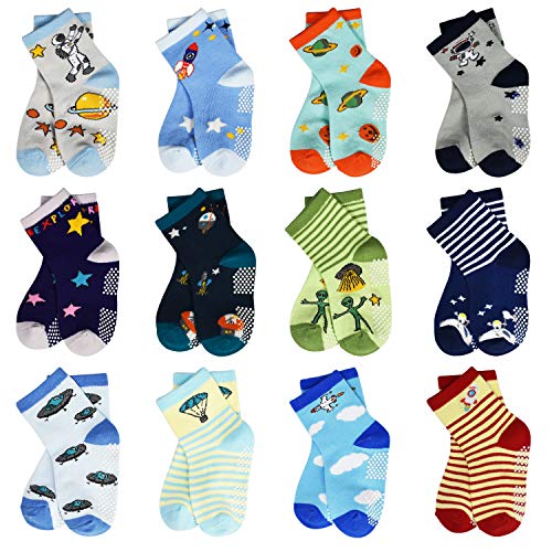 Toddler Non-Skid Grips Socks 12 Pairs Baby Kids Sticky Slipper Cotton Crew Socks 3-5 Years Children Boy Girl