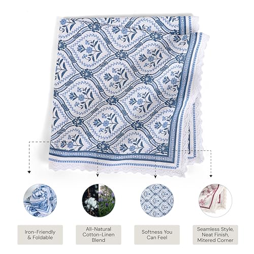 Image of FINGERCRAFT Table Napkins Set of 12 Cotton Linen Fabric with Classic Lace 20x20 Inch (50cmx50cm) Dinner Napkin Durable and Good Absorbency for Home, Hotels, Parties (Blue Damask)