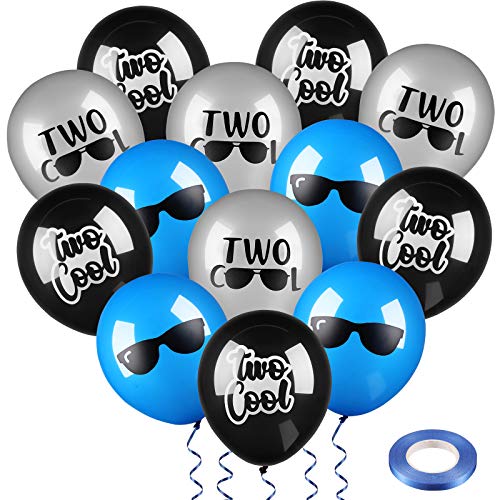 Two Cool Latex Balloons Two Cool Party Supplies Two Cool Sunglasses 2nd Birthday Boy Party Supplies Decoration, 30 Pieces Black Silver Blue Balloons with 10 Meters Dark Blue Ribbon