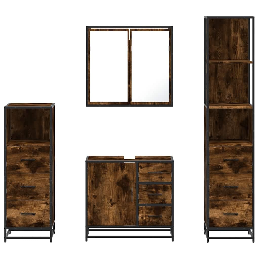 4-teiliges Badmoebel Set Raeuchereiche Holzwerkstoff mit Spiegelschrank, Waschtisch Unterschrank, Hochschrank und Haengeschrank Fuer Stauraum, Ordnung im Badezimmer