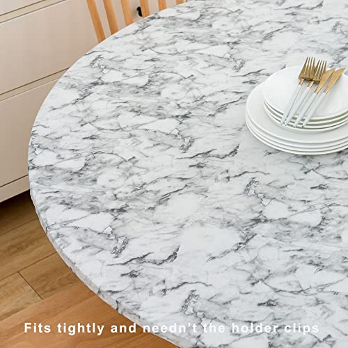 Liberecoo Oval Tablecloth Vinyl Fitted Elastic Edge With Flannel Backing -White Marble Pattern - Waterproof Wipeable Table Cover -Fits Tables Up To 48" W X 68" L #TOP5