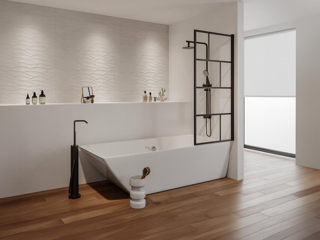 Vente-unique - Pare baignoire pivotant style industriel - 70 x 140 cm - Noir mat - Verre - RIVANON