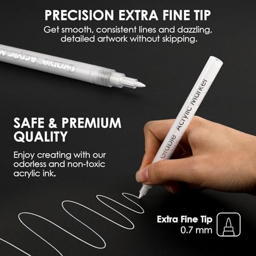 Image of Grabie 6 White Acrylic Paint Markers, 0.7mm Extra Fine Tip Acrylic Paint Pens for Drawing, Coloring Books for Adults