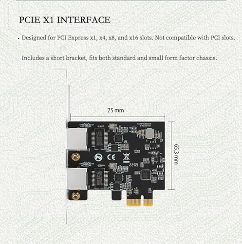 PCIe X1 to 2.5G Tarjeta de Red RTL8125B Adaptador Ethernet Gigabit para Desktop y Servidor, PCI-E x1 LAN Card 2500Mbps con Indicadores LED Dobles, Soporte Full & Low Profile (Doble RJ45) miniatura 3