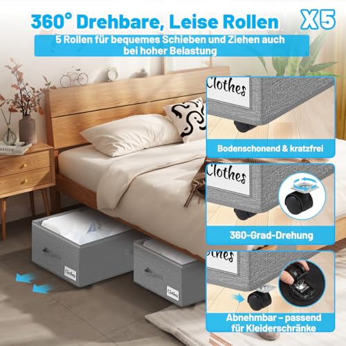 Unterbettkommode mit Rollen 360°Drehung, 2 Stück XXL 60L Unterbett Aufbewahrungsbox mit Transparentem Deckel, Schnelle Montage Bettkasten Aufbewahrung für Bettdecken Kleidung, Schuhe & Decken,Grau