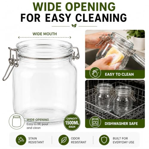 Image of Vasukie 1500ML Glass Jars With Airtight Leak Proof Lids | Wide Mouth Storage Canister Jars Perfect for Kitchen Canning, Dry Food, Spices, Pickle, Coffee, Tea, Snacks, Sugar, and More (Pack Of 3)
