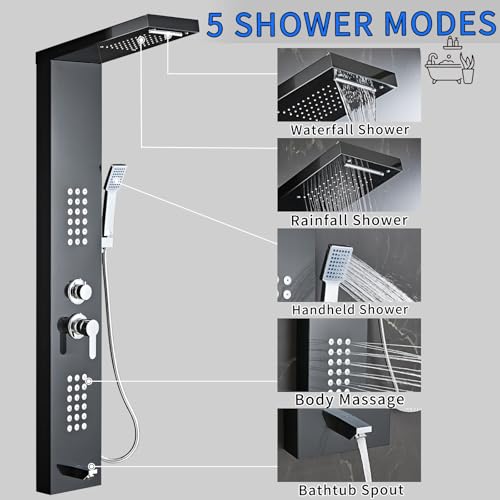 HSYLYPA Shower Panel Tower System 5-in-1 Shower Panel Tower with Powerful Body Massage, Rainfall, Waterfall,Handheld and Tub Spout, Stainless Steel Shower Column - Brushed Black - Thumbnail 3