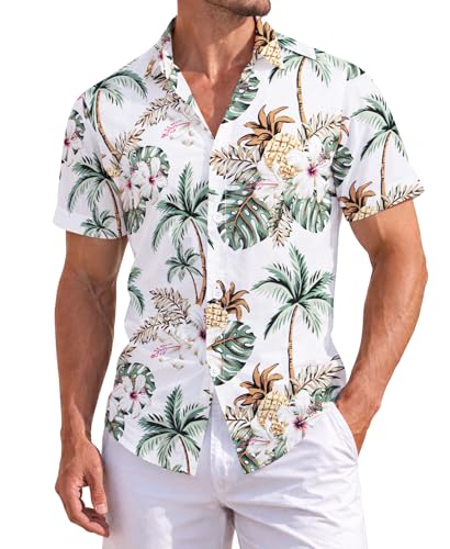 Weecreeture Floral Hawaiian Shirt for Men Summer Button Up Shirt Short Sleeve Mens Beach Tropical Casual Aloha Shirt XL White Pineapple