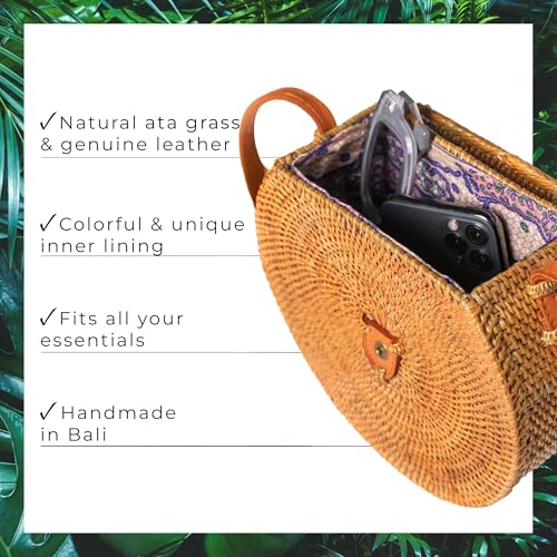 Image of Novum Crafts Round Rattan Bag for Women - Handmade Ata Wicker Woven Purse - Circle, Square, Oval Brown Straw Boho Bags