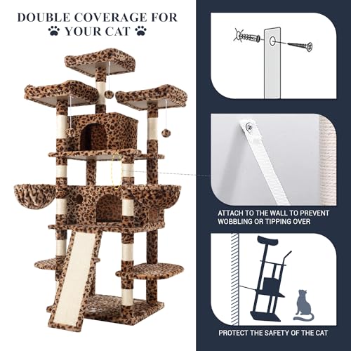 Image of Allewie 68 Inches Cat Tree /House and Towers for Big Feline /Scratching Post /Multi-Level Large Kitty Climbing Tree with Condo /Leopard Print