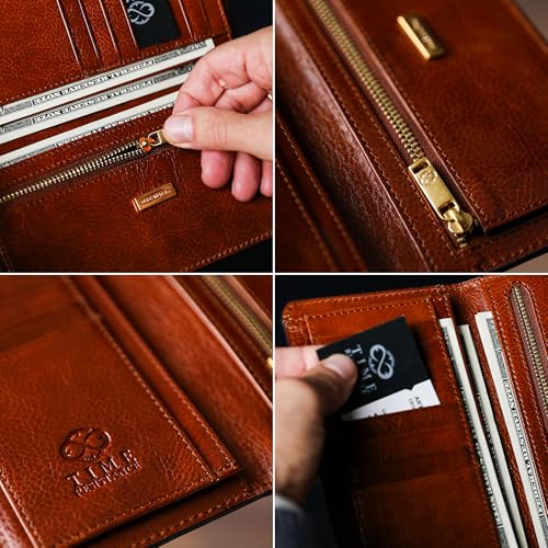 Image of Time Resistance Long Leather Wallet - Bifold Mens Suit Leather Wallet - Checkbook Wallet - Tall Billfold Card Wallet - Slim Wallet Made in Italy (Cognac Brown)