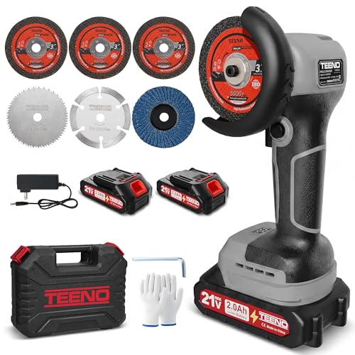 TEENO Cordless Angle Grinder 3", 21V Mini Cut-Off Tool, LCD Display, Gray | 19500 RPM Mini Angle Grinder with Safety Lock, 2x 2.0Ah Batteries, Hard Case & 6 Discs for Auto/Metal/Rust