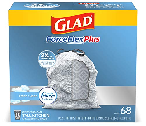 Glad ForceFlexPlus Tall Kitchen Drawstring Trash Bags - 13 Gallon Grey Trash Bag, Fresh Clean with Febreze Freshness 68 Count (Package May Vary)