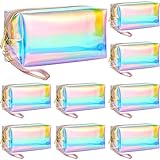 Dunzy 8 Pcs Holographic Clear Makeup Bags with Zipper Travel Cosmetic Bag Iridescent Makeup Pouches with Wrist Loop Waterproof Toiletry Organizer Case Home Office Purse Diaper Bag Vacation Gift (L)