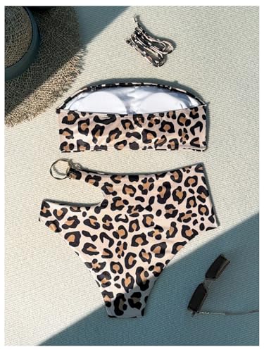 SweatyRocks Women's Leopard Print Bandeau Bikini Cut Out Strapless High Waisted 2 Piece Bathing Suit4