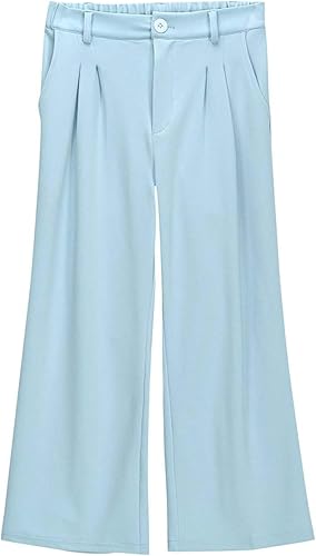 Girls Linen Palazzo High Elastic Waist Casual Trousers Straight Wide Leg Pants Business Lounge Y2k(Light Blue,9-10 Years)