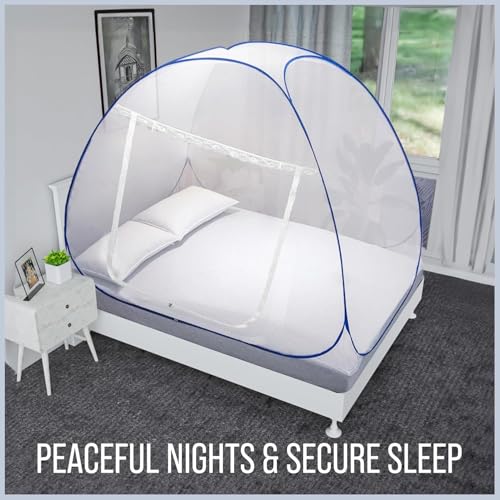 Image of Mosquito Net for Double Bed | King Size Foldable Machardani | Polyester 30GSM Strong Net |PVC Coated Corrosion Resistant Steel Wire - Blue (6 x 6) feet (Double Bed) new White