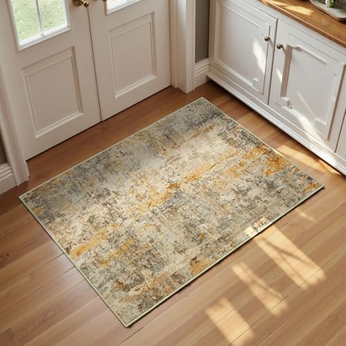 Entrance Rugs Indoor 2x3 Beige Entry Rug Washable Abstract Small Area Rug Non-Slip Low Pile Light Tan Throw Rugs for Entryway, Kitchen Floor, Front Door Indoor Door Mat, Bedroom Bedside