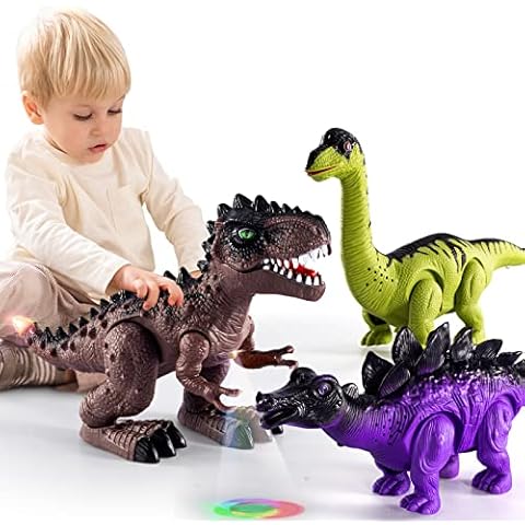3 Pack Electric Walking Dinosaur Toys with Roar Sounds and Lights Up, Realistic Robot T-Rex for Toddlers 2-4 3-5 Years , Brachiosaurus, Stegosaurus Dinosaur Figures for Kids Cover