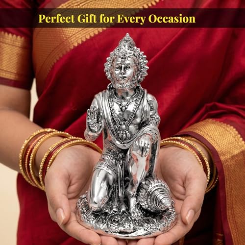 Image of Silver Plated Hanuman Idol - 7 Inch Divine Kneeling Bajrangbali Statue with Gada for Home Mandir and Office Sanctuary - Auspicious Vastu Decor and Spiritual Gift with Anti-Tarnish Finish