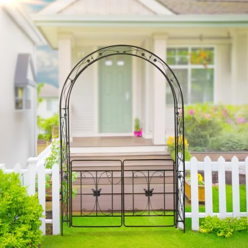 Bonnlo Arche de Jardin avec Portail, Arche en Fer pour Plantes Grimpantes et Rosiers, Tonelle Jardin pour Mariages, Fêtes et Décorations Extérieures, Noir
