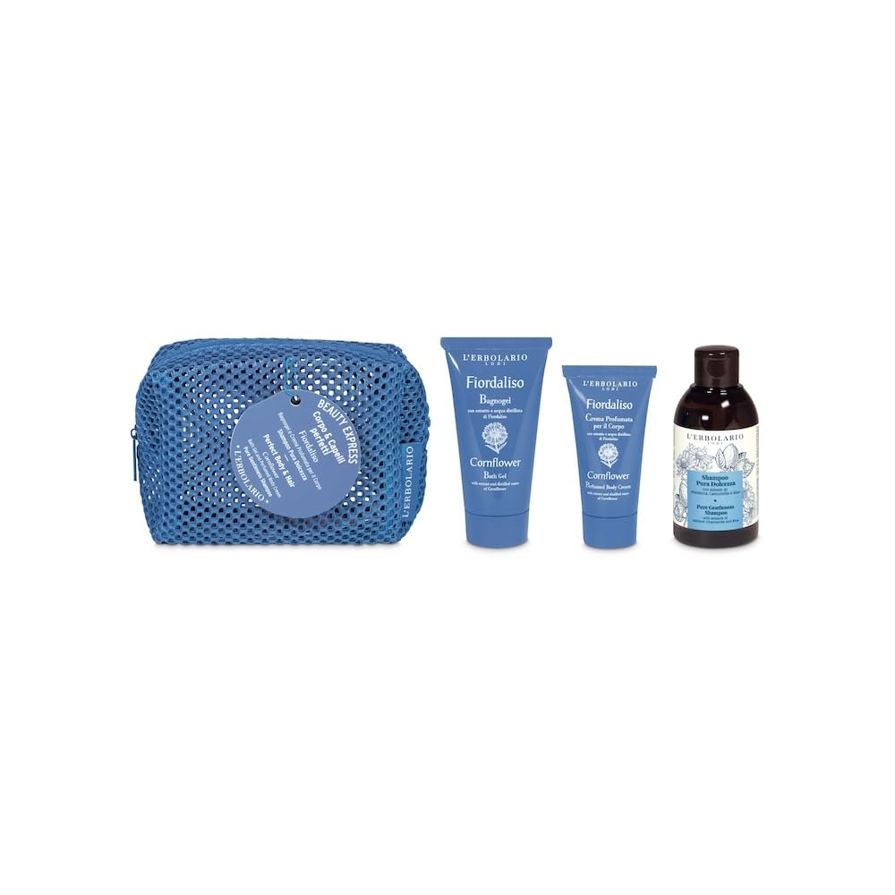 L'Erbolario Beauty Express Corpo & Capelli – Kit Pochette Fiordaliso | Bagnogel 50 ml + Crema Corpo Profumata 30 ml + Shampoo Pura Dolcezza 100 ml