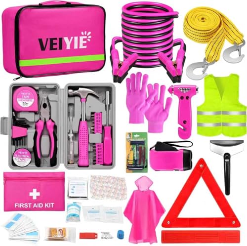 VEIYIE Roadside Emergency Car Kit for Vehicles, Pink Car First Aid Kit Emergency Kit with Jumper Cables, Car Safety Kits, Tow Strap, Tool Kit, Road Trip Assistance for Men, Women, New Driver Gifts
