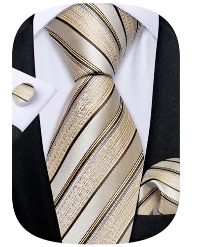 Image of DiBanGu Striped Tie Set for Men Silk Woven Plaid Necktie and Pocket Square Cufflinks Business Wedding