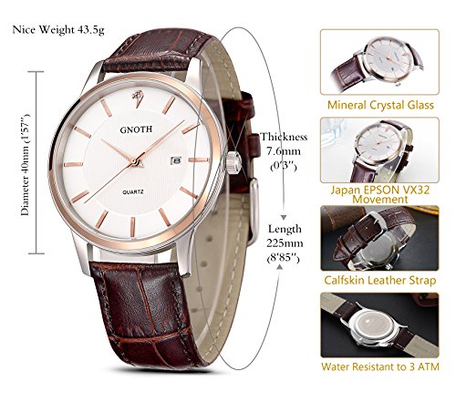 Mens Casual Watches Classic Water Resistant Quartz Wrist Watches with Brown Leather Strap and White Dial Date Analog Display