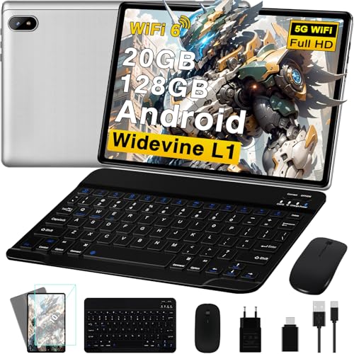 Tablet 10 Pollici Android con 20GB RAM+128GB ROM (TF 2TB), 5G WiFi 6, Octa-Core, GMS, Bluetooth 5, 5MP + 8MP, 1280 * 800 FHD IPS, 2.0 GHz, 2025 Newest Tablet Widevine L1 con Tastiera e Mouse - Silvery
