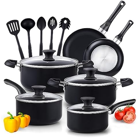 Cook N Home Basics Pots and Pans Cooking, 15-Piece Nonstick Cookware Set, Black Cover