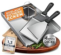 flammtal - Grillplatte aus 4mm rostfreiem Edelstahl [40 x 30cm] - Plancha mit Grillspachtel Set & Burgerpapier - passend für Gas- & Kohlegrill - auslaufsichere Ecken für sauberes Grillen
