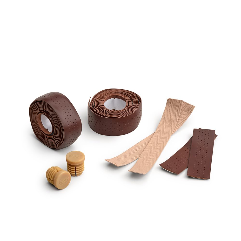 Brooks England Leather Bar Tape Brown, Natural Leather Road Bike Handlebar Tape Kit with Bar End Plugs