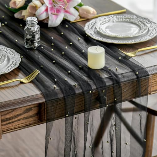 Artoid Mode 10PCS Pearl Black Gauze Table Runner 120 Inch