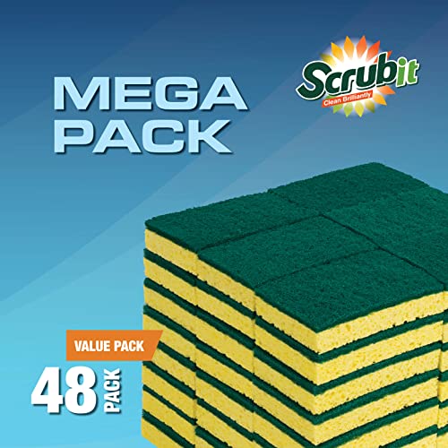 Scrubit 48 Pack Heavy Duty Scrub Sponges - Dishwashing Sponge Along With A Tough Scouring Pad - Dual Sided Dish Sponge Ideal For Cleaning Kitchen, Dishes, Bathroom - Yellow - Bulk Sponges #TOP1
