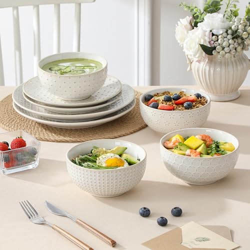 Image of MALACASA 24-Piece Farmhouse Dinnerware Set for 8, Embossed White Stoneware Plates and Bowls Sets, Vintage Relief Ceramic Dish Set, Chip-Resistant, Microwave & Dishwasher Safe