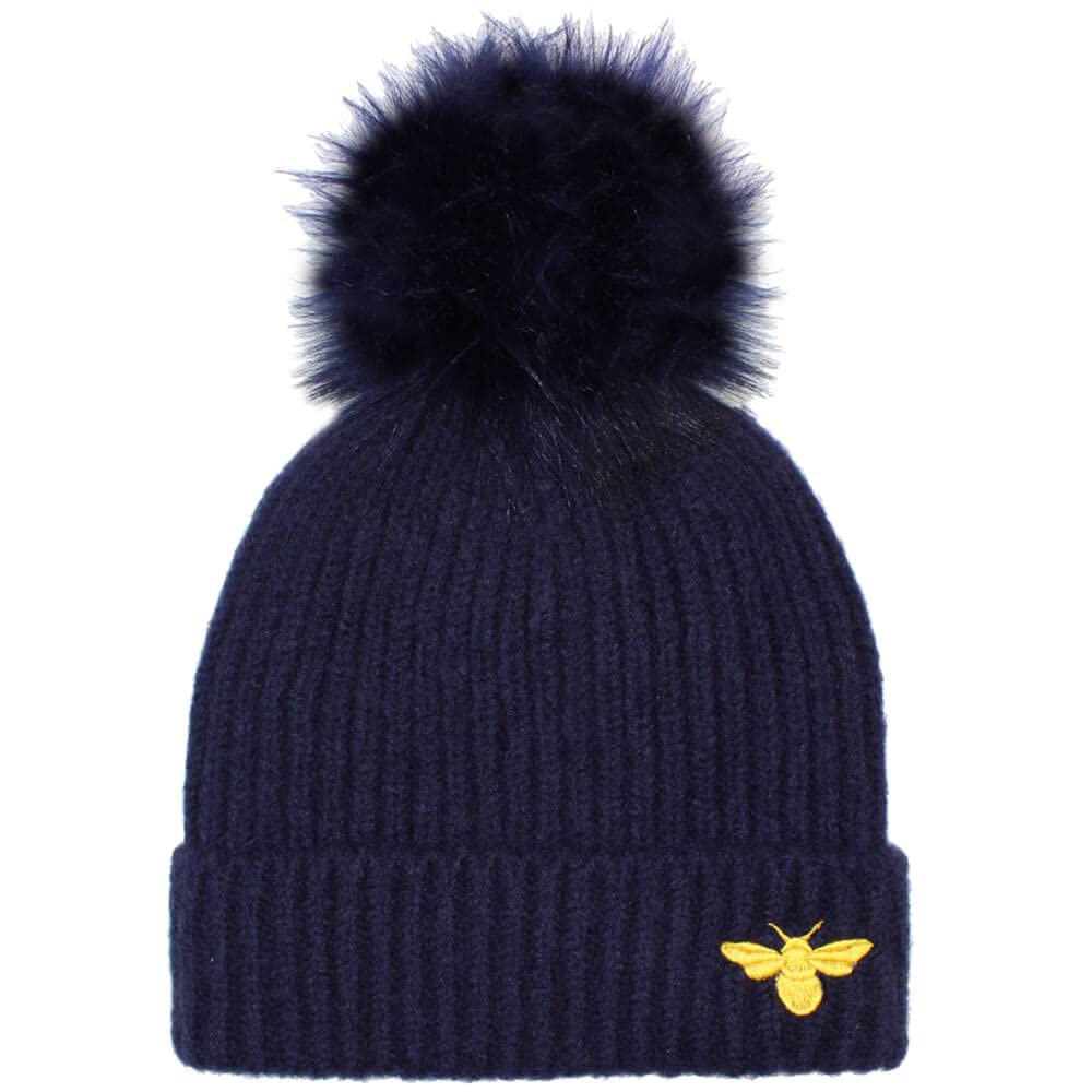 TeddyT's Ladies Luxury Fleece Lined Embroidered Bumble Bee Rib Bobble Hat (French Navy & Gold)