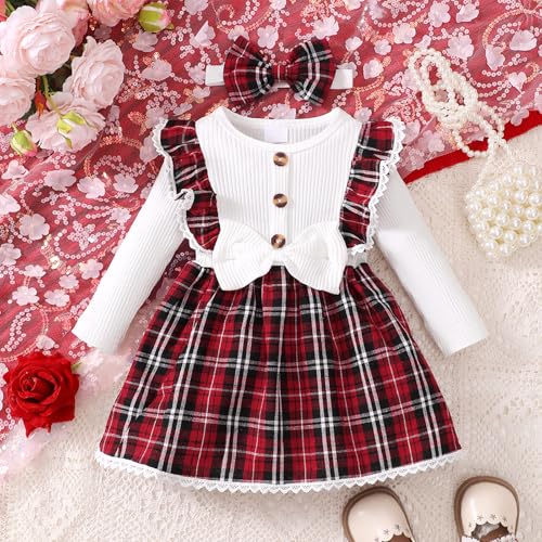 Baby Girl Christmas Plaid Dress Long Sleeve Ruffle Outfit with Bow and Matching Headband2