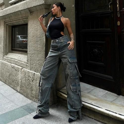 Jeans Pants Trousers Denim Street Retro Pocket Splicing Work Pants Straight Tube Drop Feel Wide Leg Casual Jeans for Women2