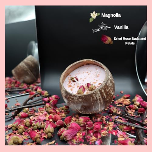 WaxCraft-Coconut-Shell-Candles-Soy-Wax-HolidayHome-DecorGiftHandcrafted-Eco-FriendlyFall-ScentedAromatherapy40-Hours-Burn-timeRose-Magnolia-VanillaDried-Rose-Bud-Petals-116oz