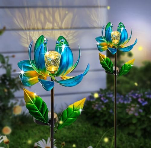Solar Yard Lights Wind Spinners- Metal Lotus Flower Garden Decor LED Crackle Glass Globe Yard Art Sculpture Solar Stake Lights for Patio Pathway Lawn Walkway — view 6