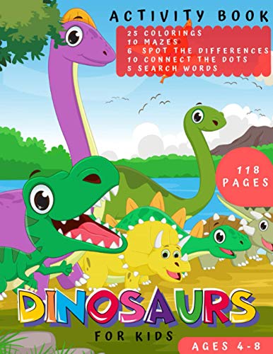 Dinosaurs Activity Book for Kids Ages 4-8: Funny Set Kid Workbook Game For Learning, Cute Coloring, Mazes, Spot The Differences, Connect the Dots and Search Words, Great Gift for Boys and Girl . image 2