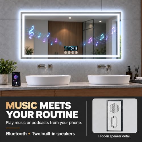 LUVODI Badspiegel mit Bluetooth 120x60cm: Beleuchtet Wandspiegel mit Uhr Lichtspiegel Kosmetikspiegel Flur Spiegel… – Ansicht 2
